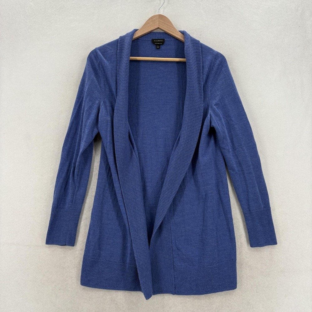 Talbots Cardigan Sweater Womens Large Blue 100% Merino Wool Open Front Collared